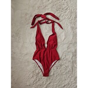 CUPSHE Maroon Red Plunge V-Neck Halter One-Piece Swimsuit Size Small S
